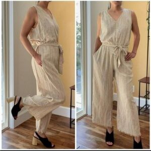 DREW by Anthropologie Natural Linen-Blend Cropped Jumpsuit